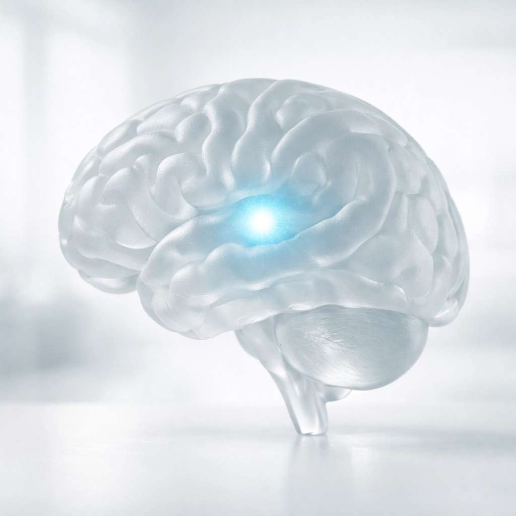 Illustration of the human brain highlighting the pineal gland activated by Epitalon for longevity research.