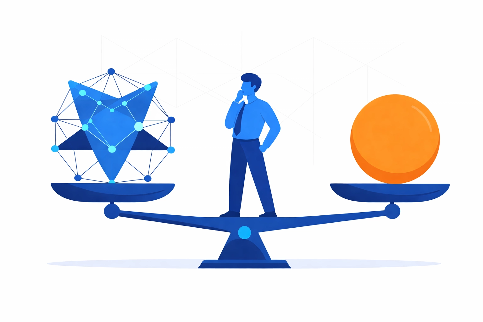 Decision scale comparing AI complexity with simple solutions for choosing a customer education platform