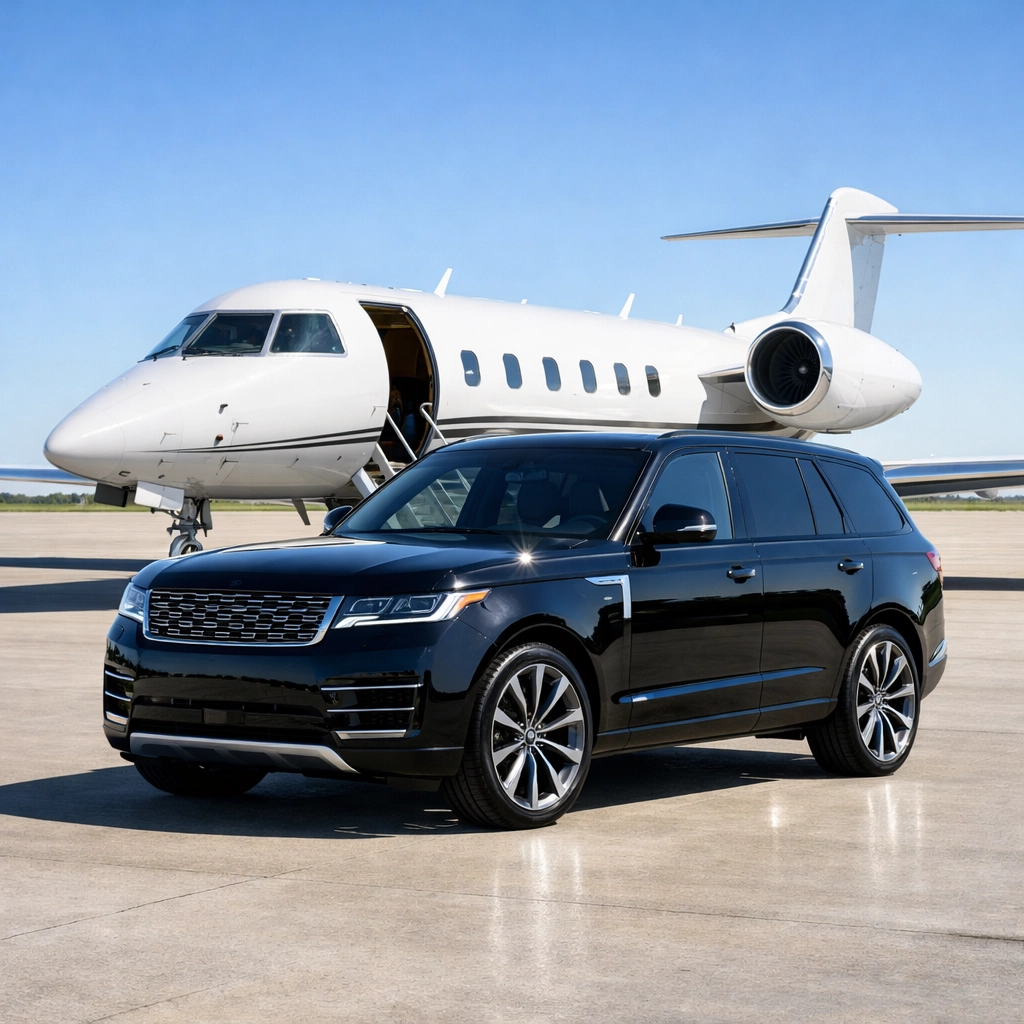Luxury SUV and private jet on tarmac for high-end corporate Super Bowl logistics and travel.