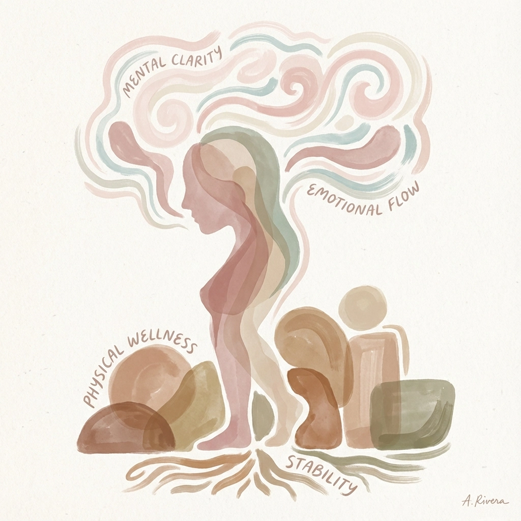 Abstract image of a person in pastel colors with swirls labeled "Mental Clarity," "Emotional Flow," "Physical Wellness," and "Stability."