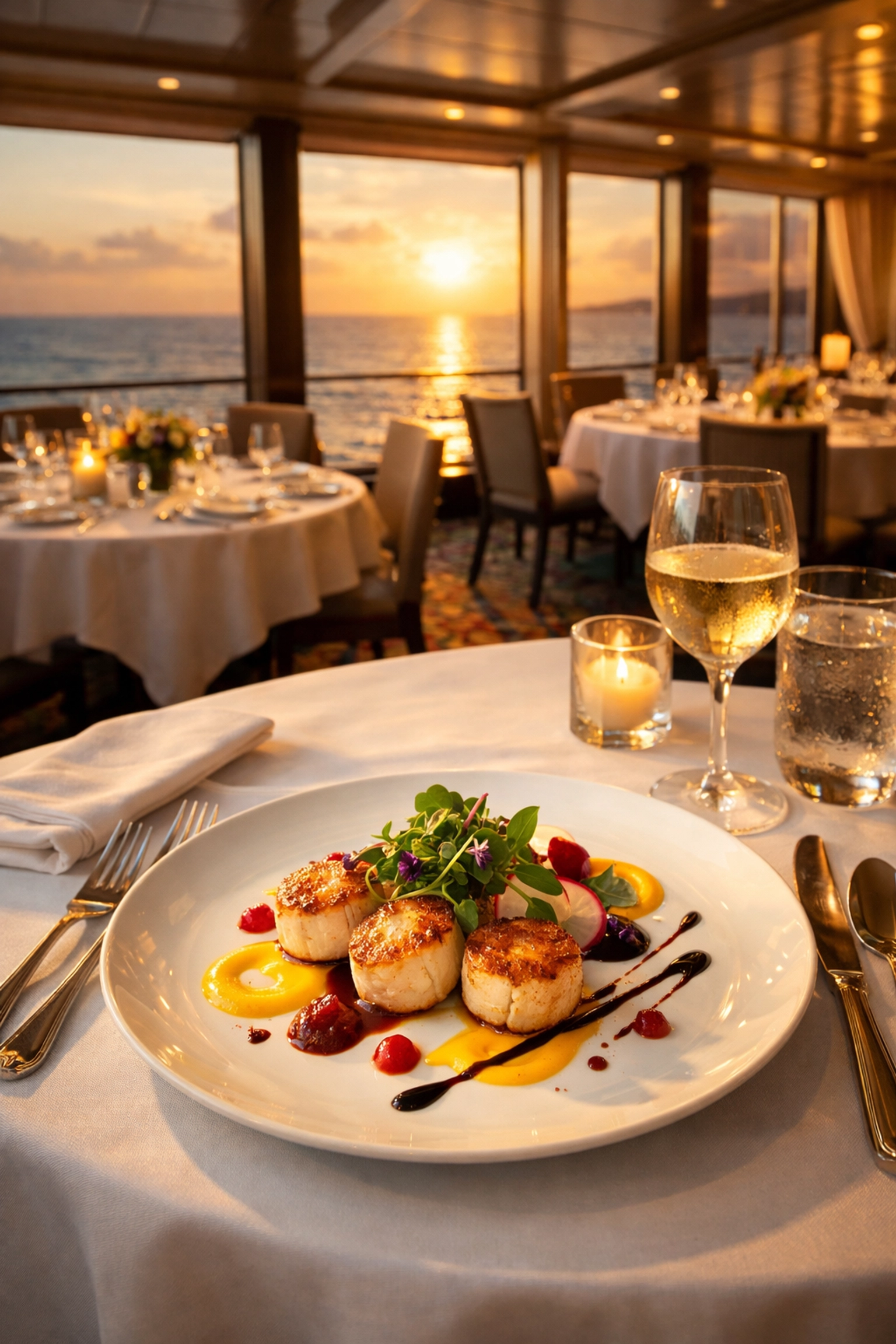 Luxury cruise ship dining room with gourmet plated dish and ocean views