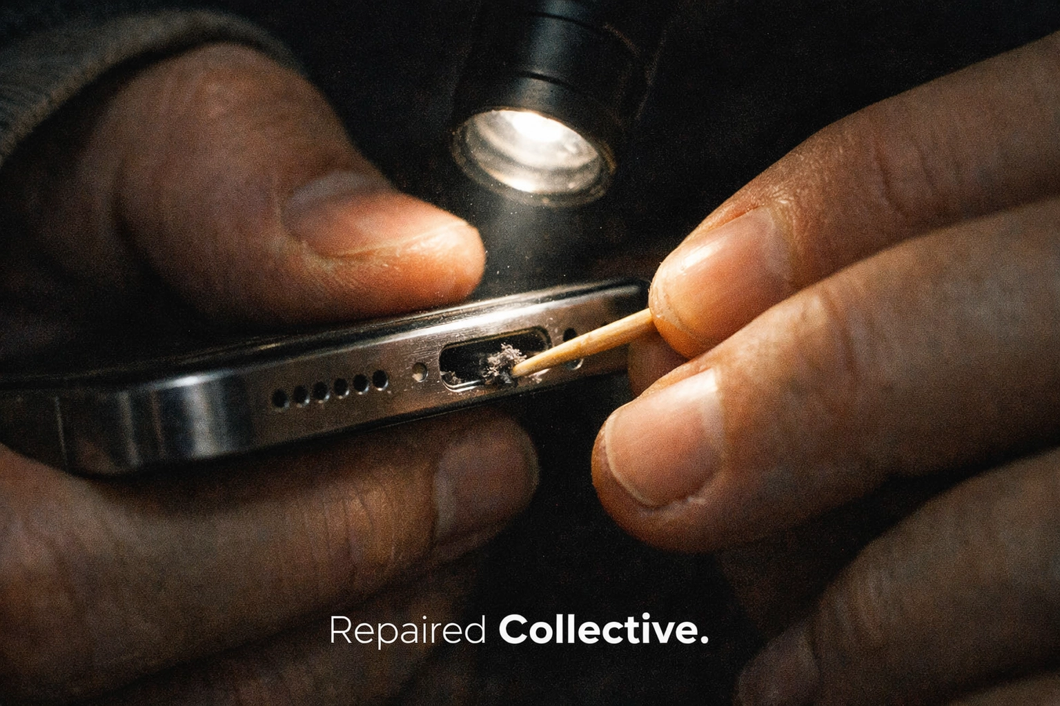 iPhone charging port clogged with pocket lint and debris next to wooden toothpick for cleaning