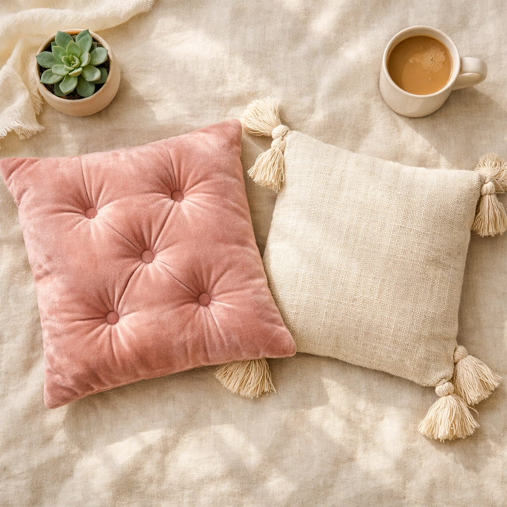 Textured throw pillow covers in blush and linen on neutral bedspread