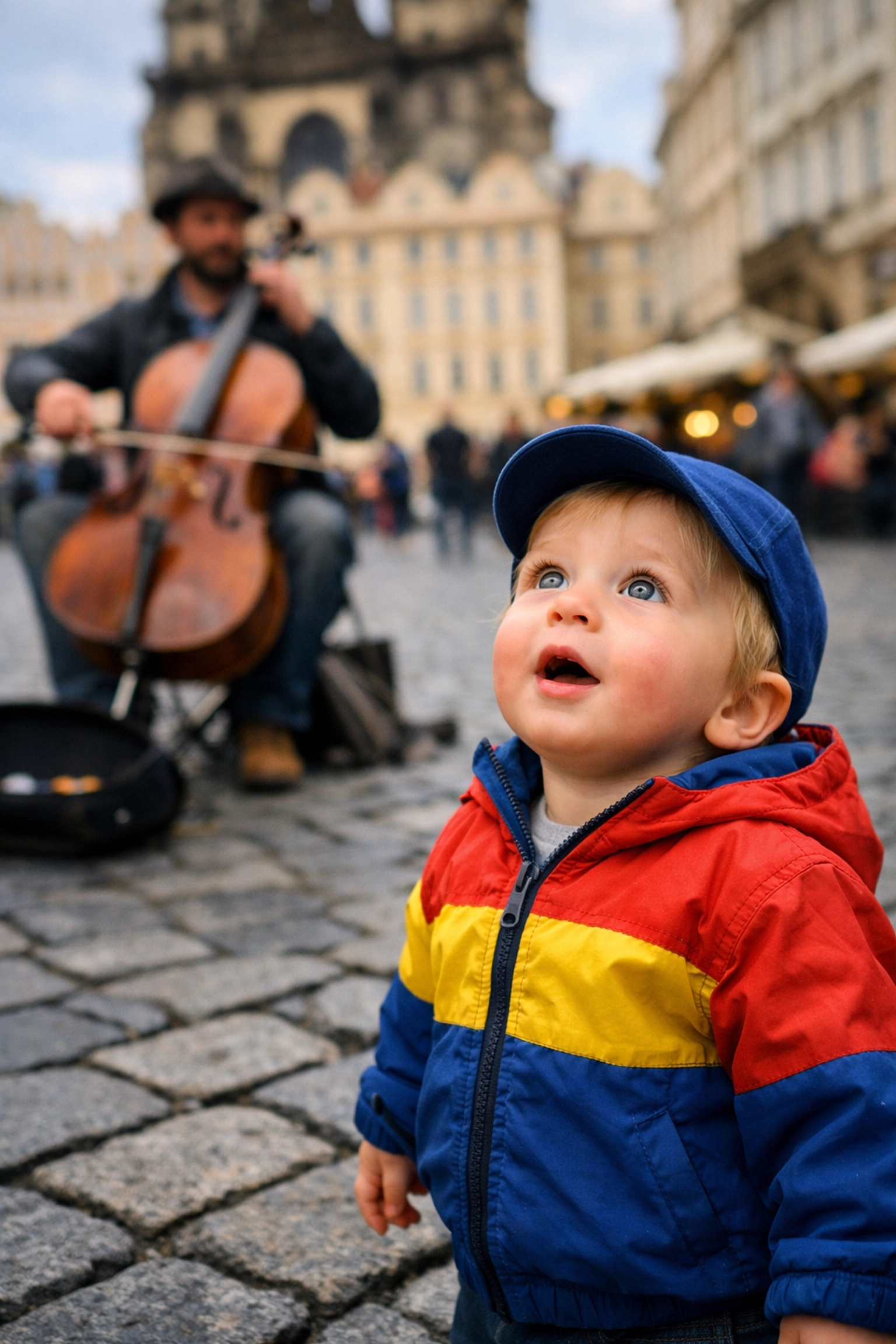 Toddler staring at a street musician in Europe, illustrating travel photography tips for candids.