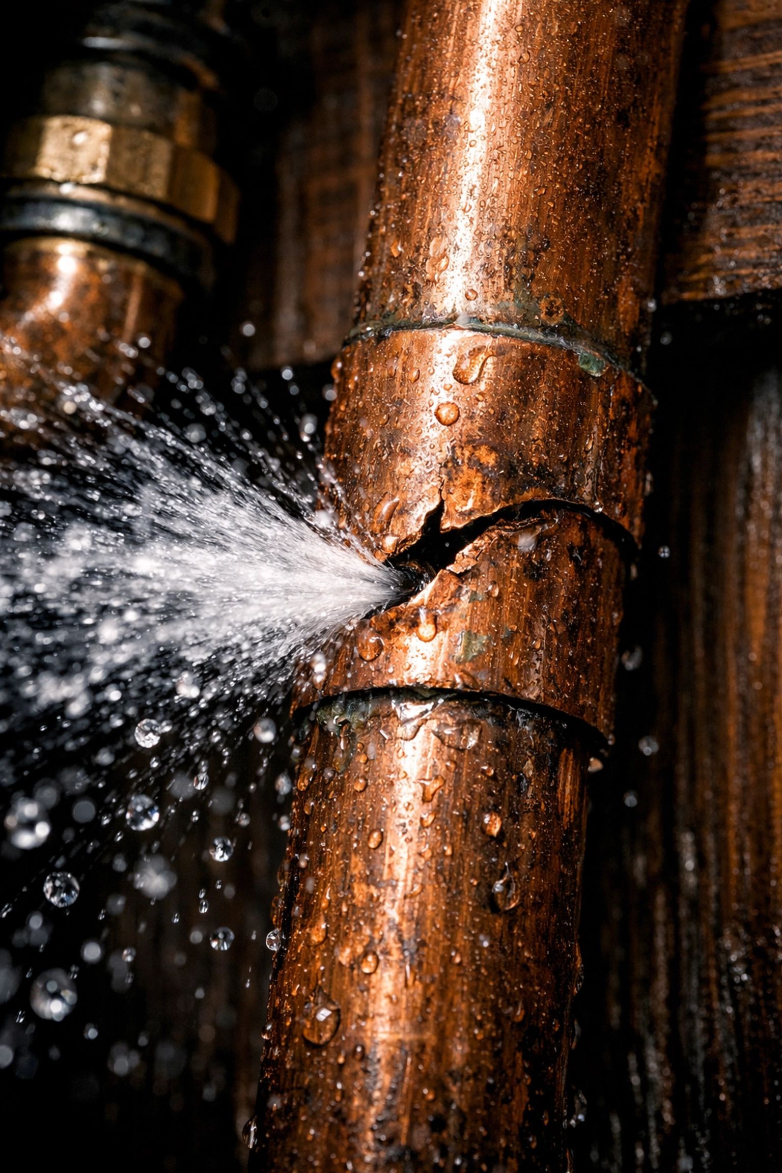 Water spraying from a burst copper pipe inside a cabinet, showing a common plumbing leak source.