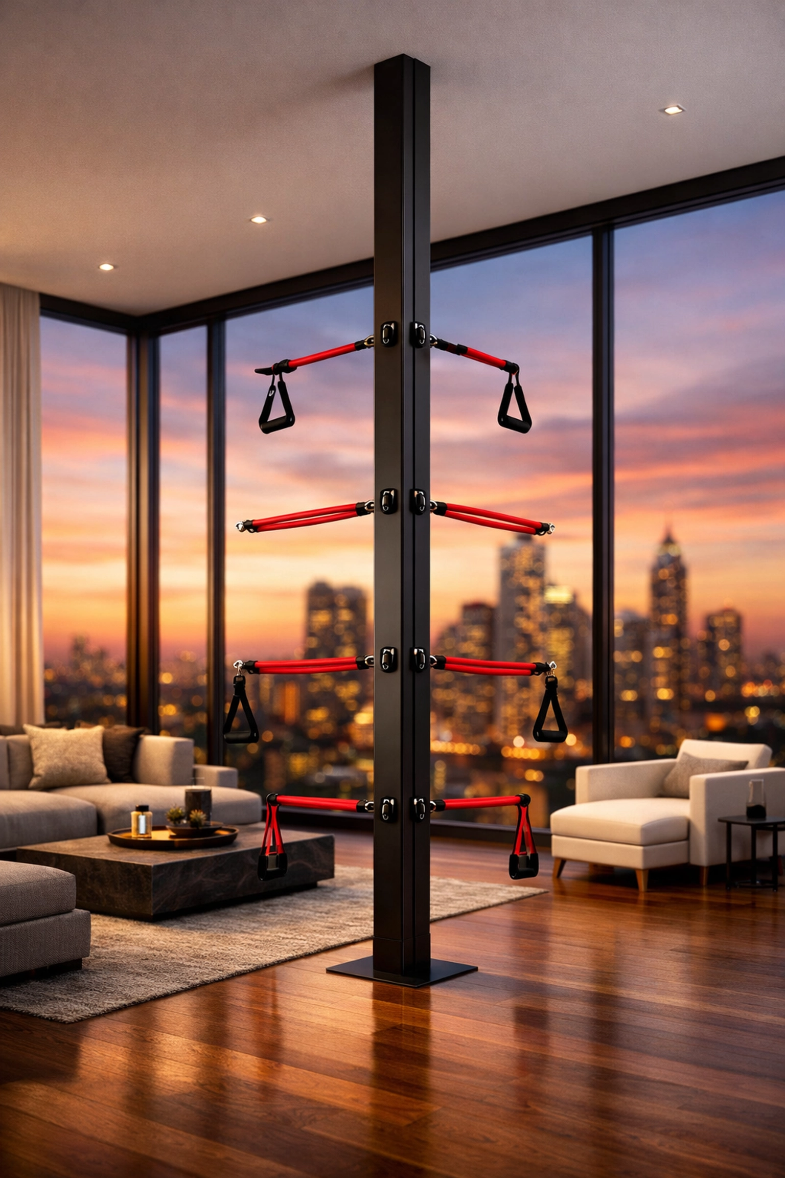 Modern Resistance Rail floor to ceiling gym system in a minimalist home living room.