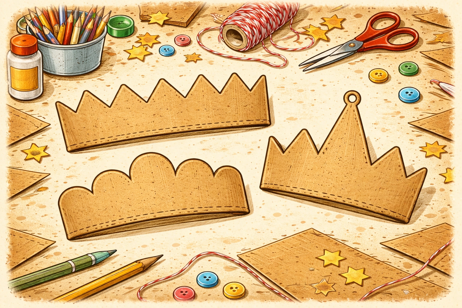 Three DIY cardboard crown templates: zigzag, scalloped, and tall peak: displayed flat for kids crafts