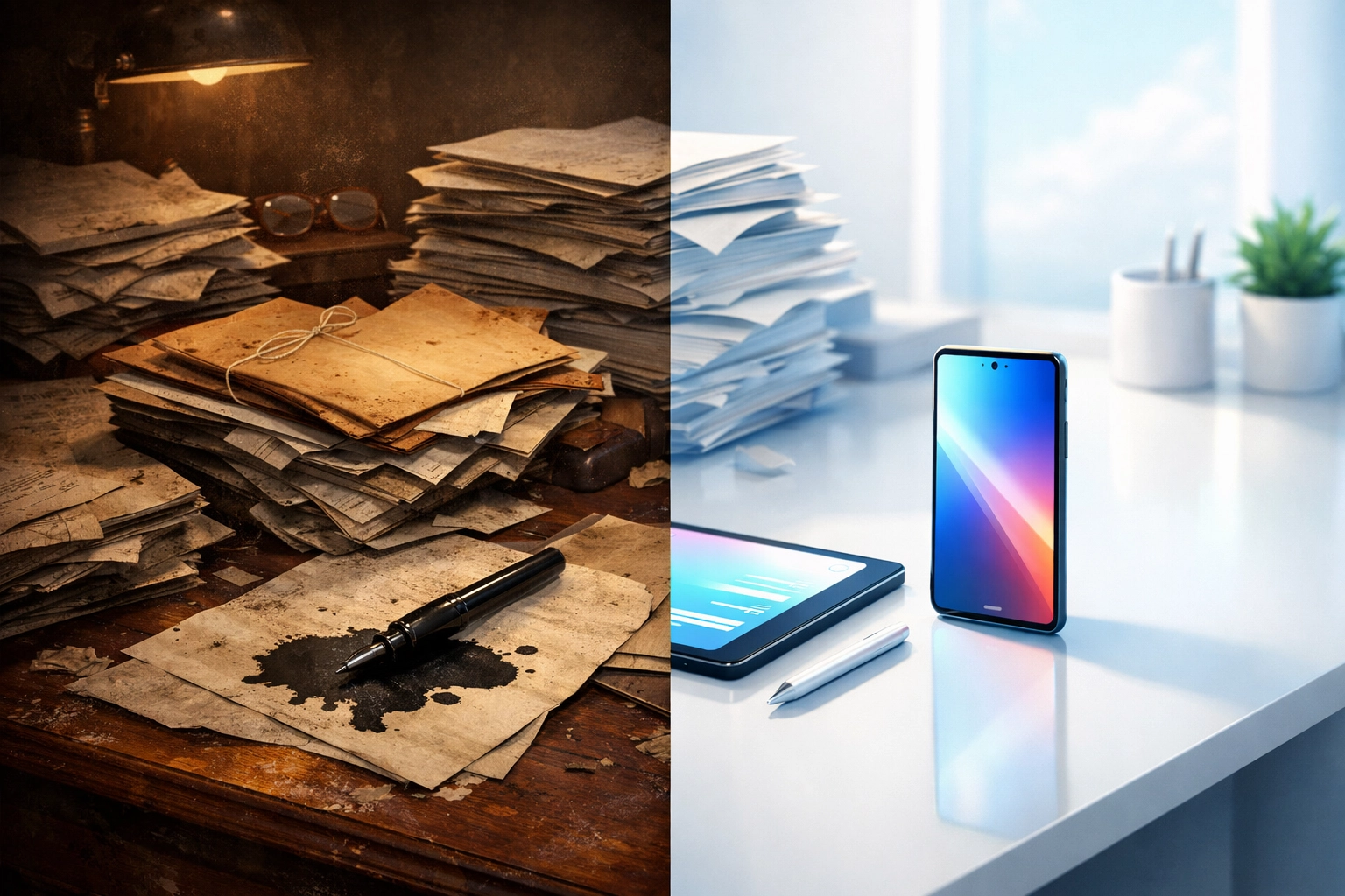 Comparing traditional paper lasting power of attorney forms with a modern digital LPA application on a tablet.