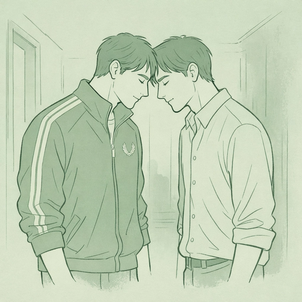 Two men sharing a supportive, intimate moment in a high-angst MM sports romance setting.