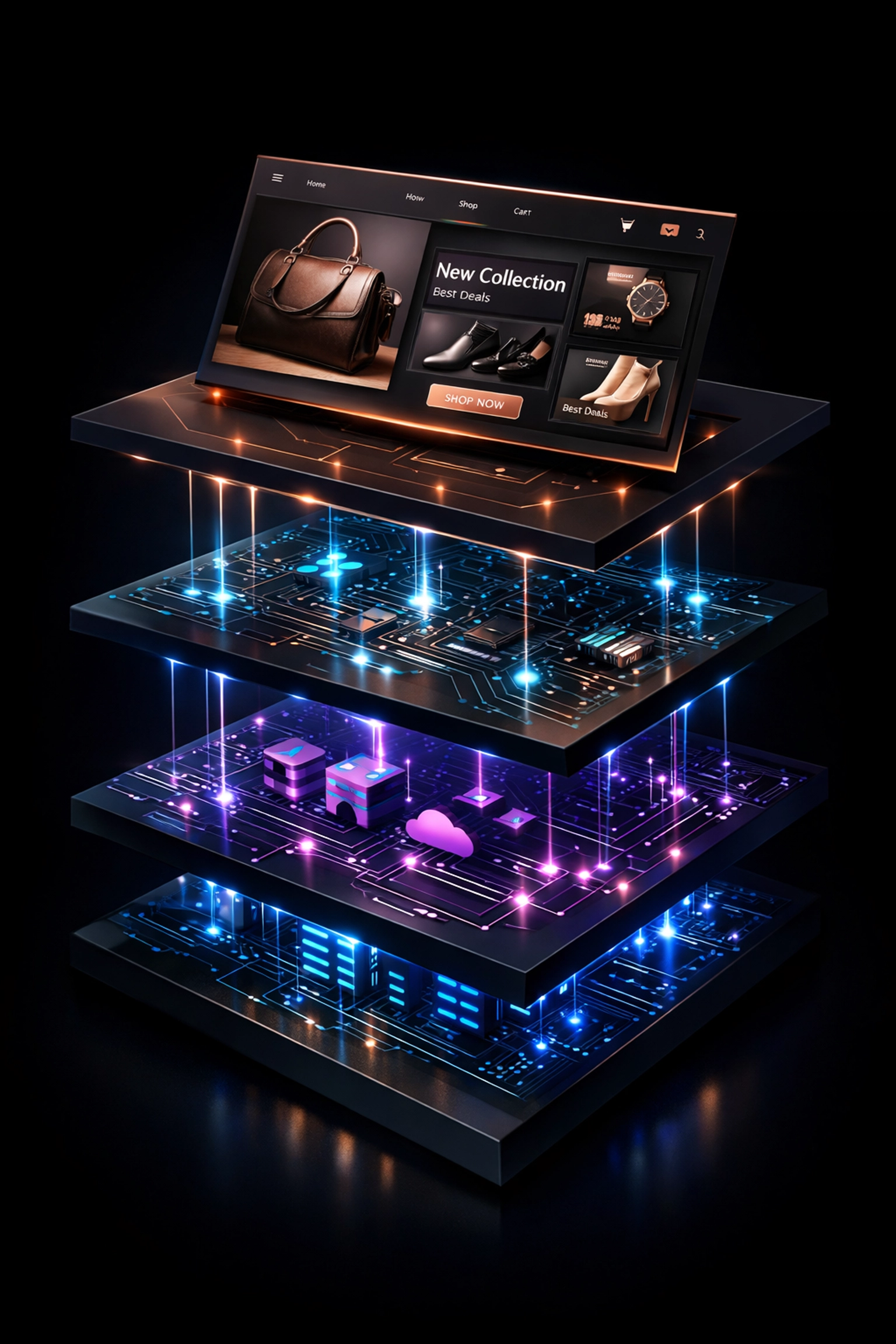Headless commerce architecture visualization showing custom ecommerce platform layers