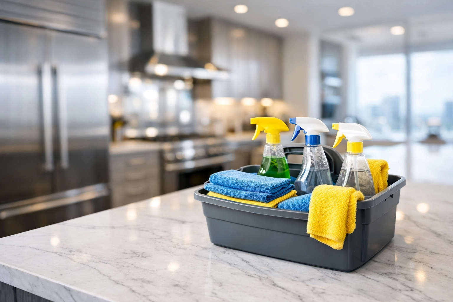 Eco-friendly cleaning supplies and caddy prepared for a professional Boston apartment turnover.