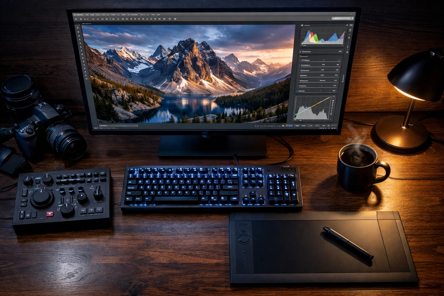 Professional photo editing workspace showing post-processing software and tools on a large desktop monitor.