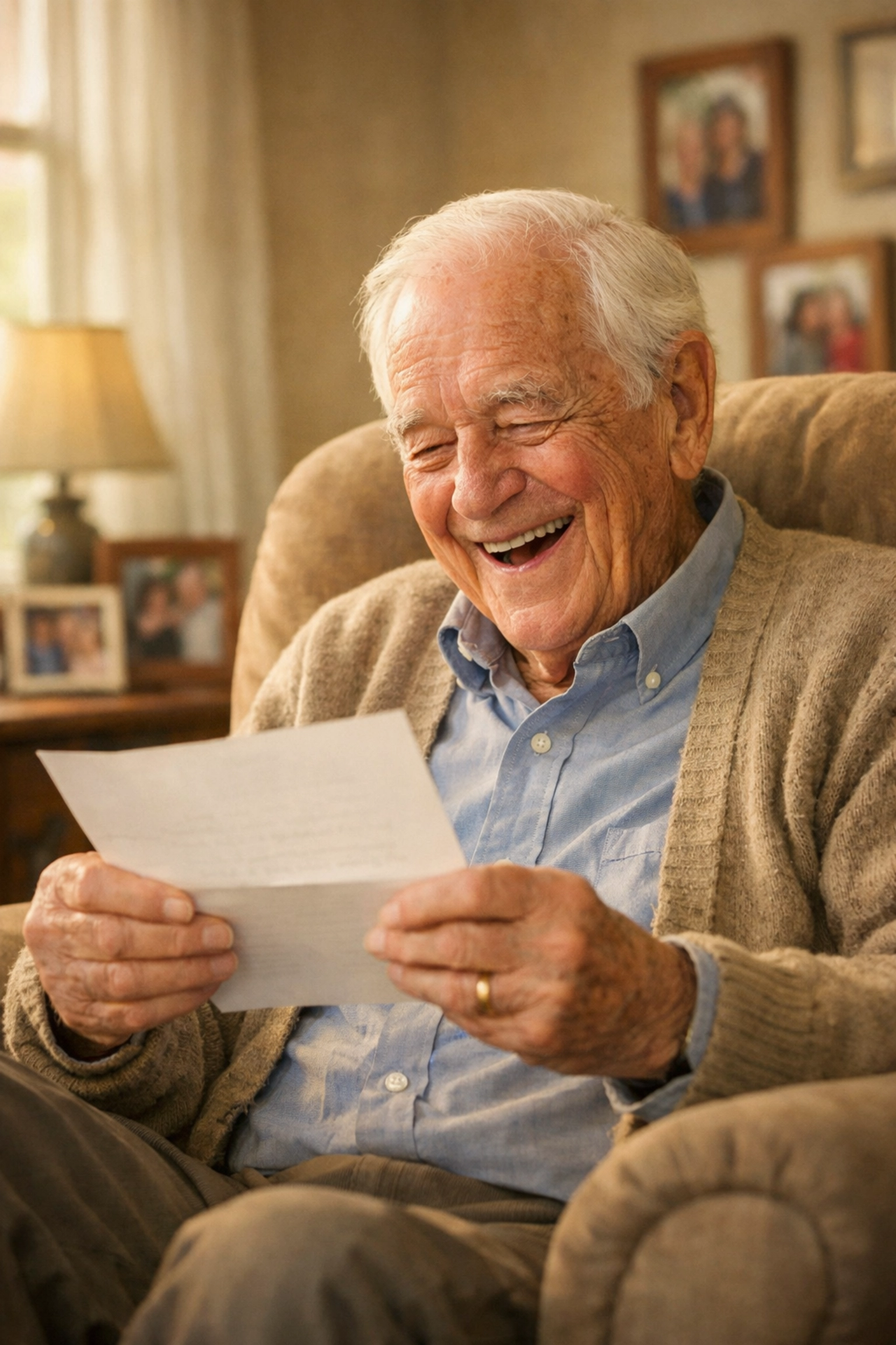 Happy senior man reading letter from trusted pen pal service