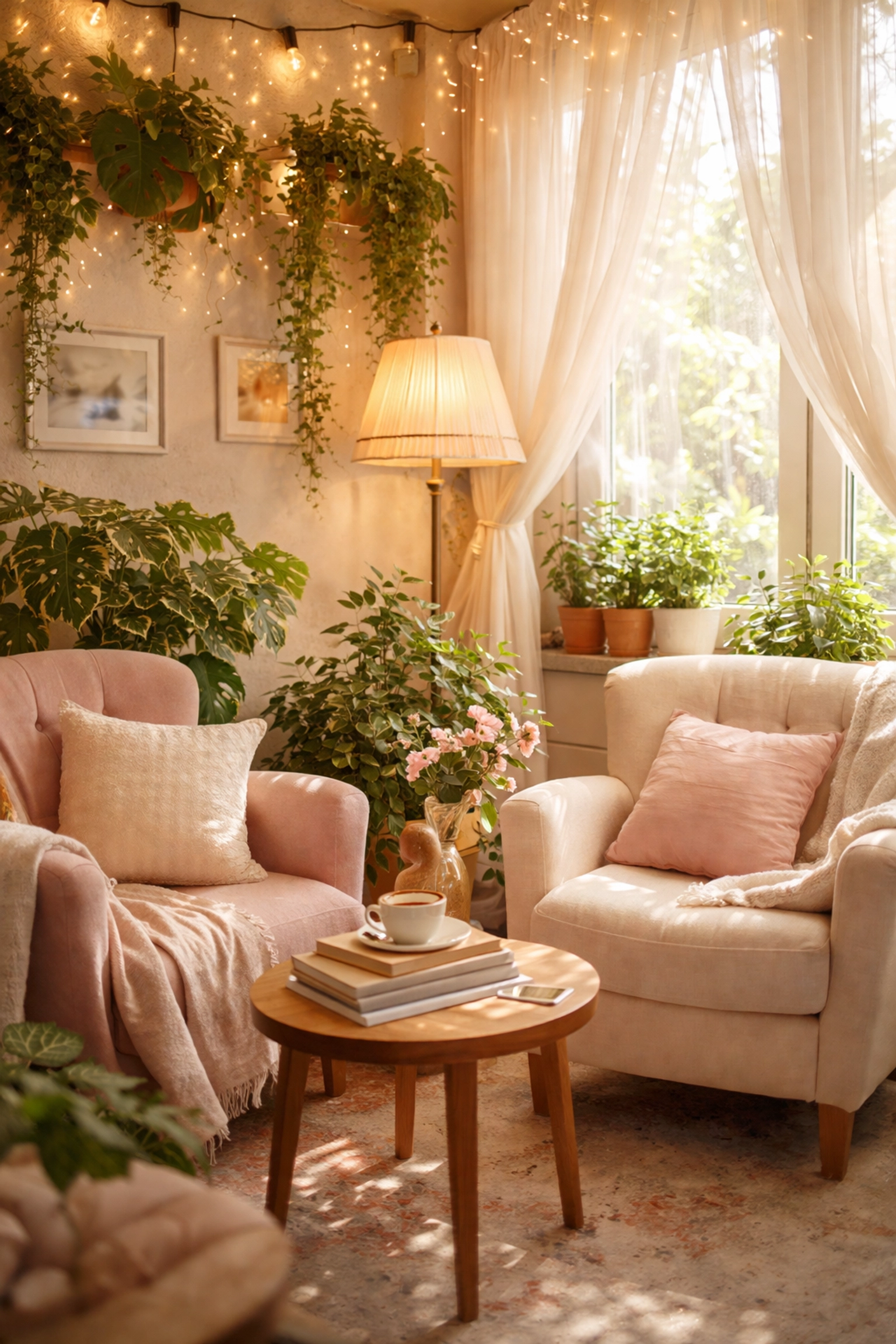 Inviting Felixstowe cafe corner with plush seating, potted plants, fairy lights, and a dreamy, homey atmosphere.