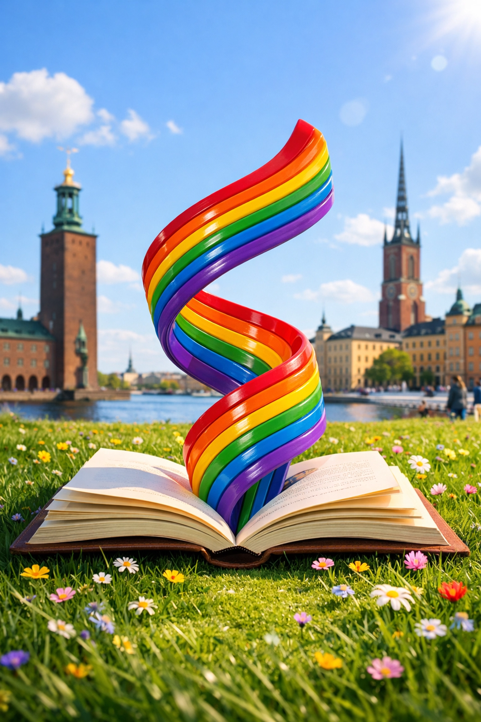 An open book with a vibrant rainbow spiral, representing the growth of queer literature and gay novels.