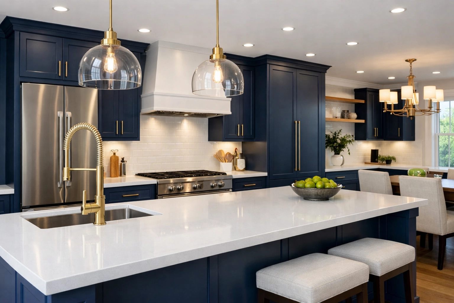 Dust-free kitchen in Massachusetts with modern navy cabinetry after a post-construction deep clean.