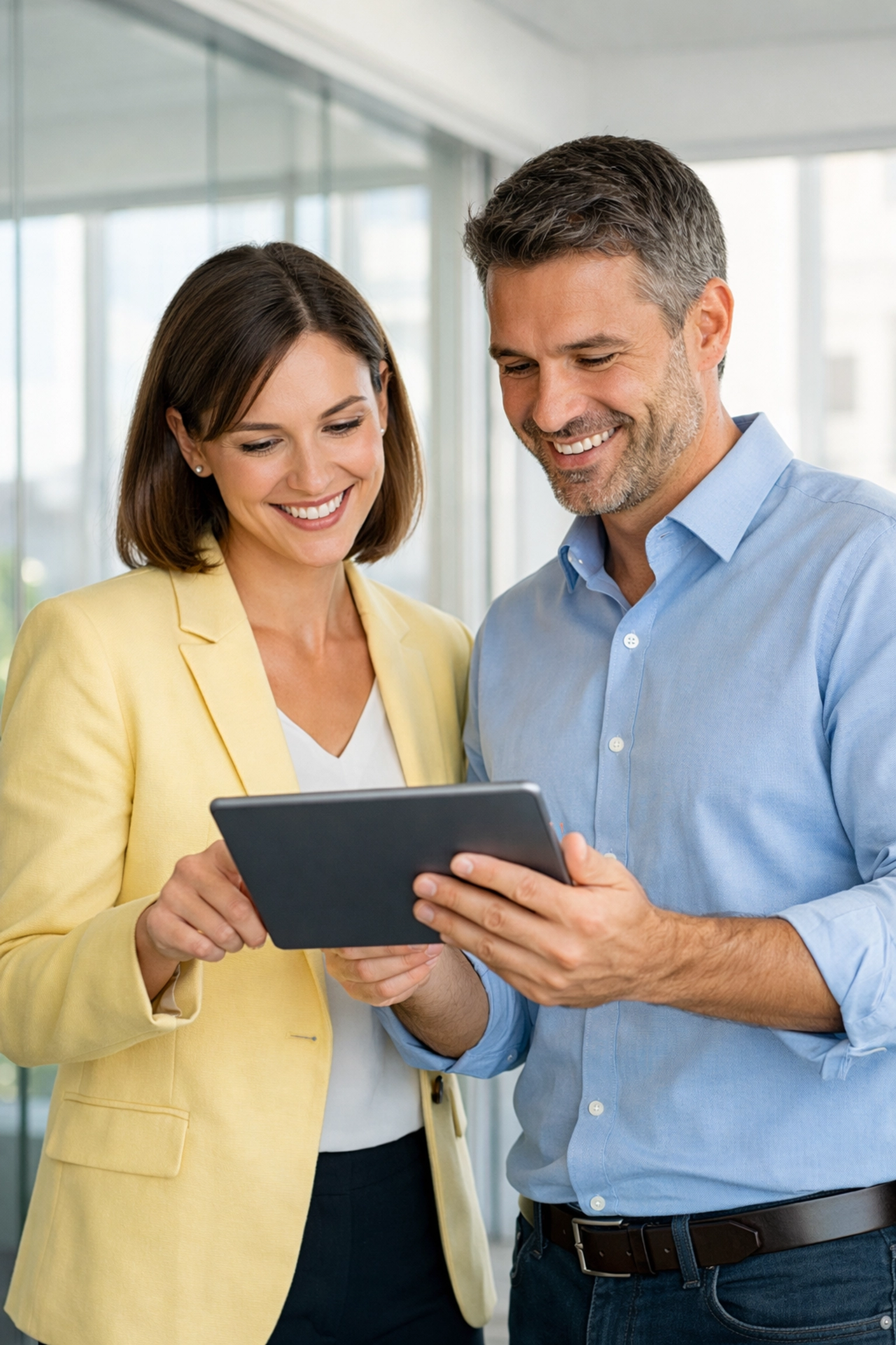 Nonprofit professionals using a tablet to identify major gift prospects in a modern office.