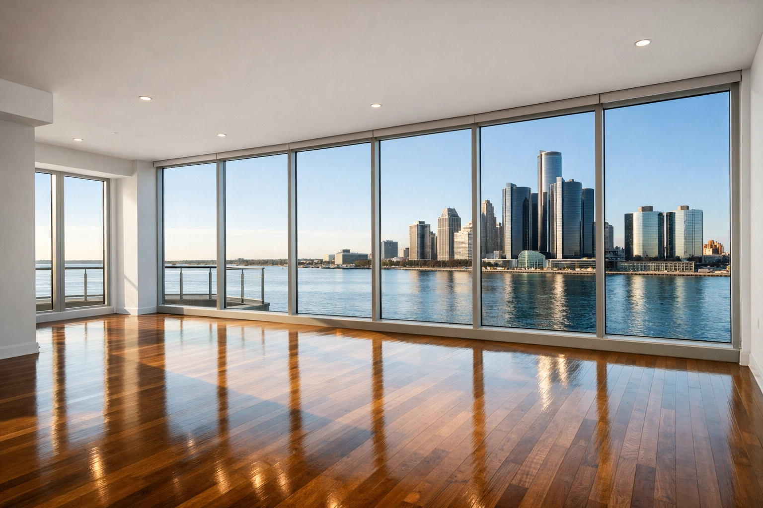 Pristine vacant Detroit luxury apartment with hardwood floors ready for high-volume move-out cleaning.