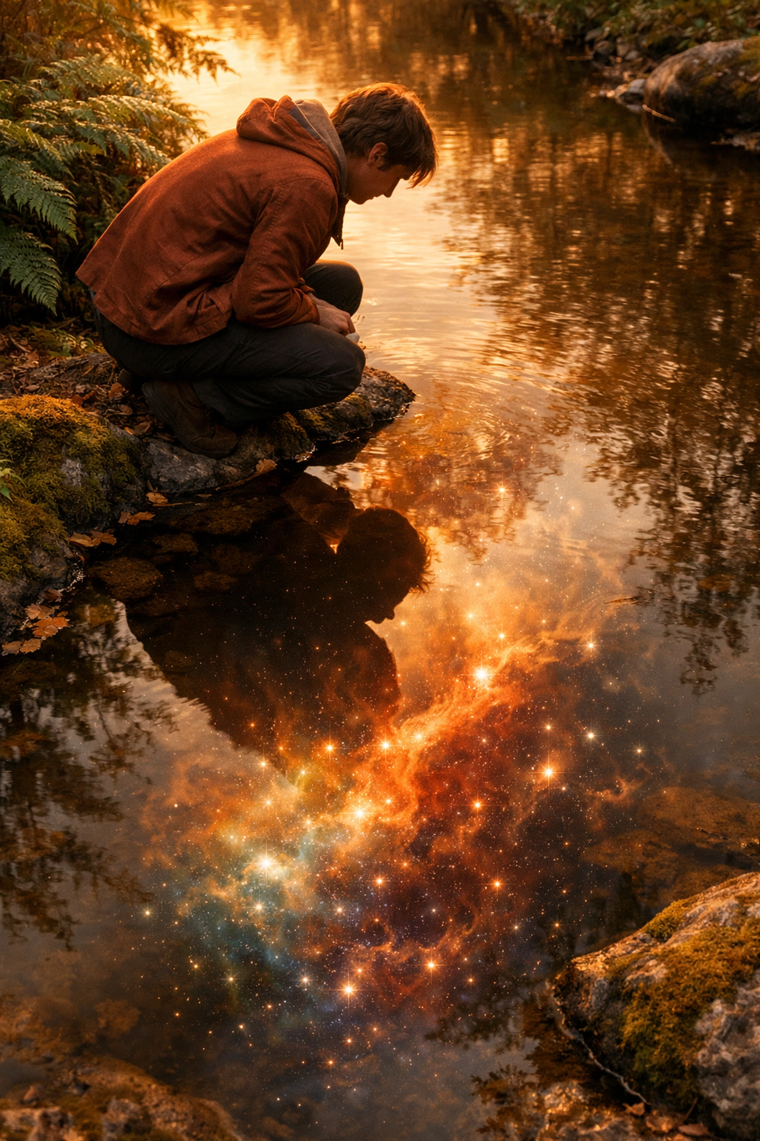 Person reflecting by a forest pond, seeing a celestial nebula representing inner psychological healing.