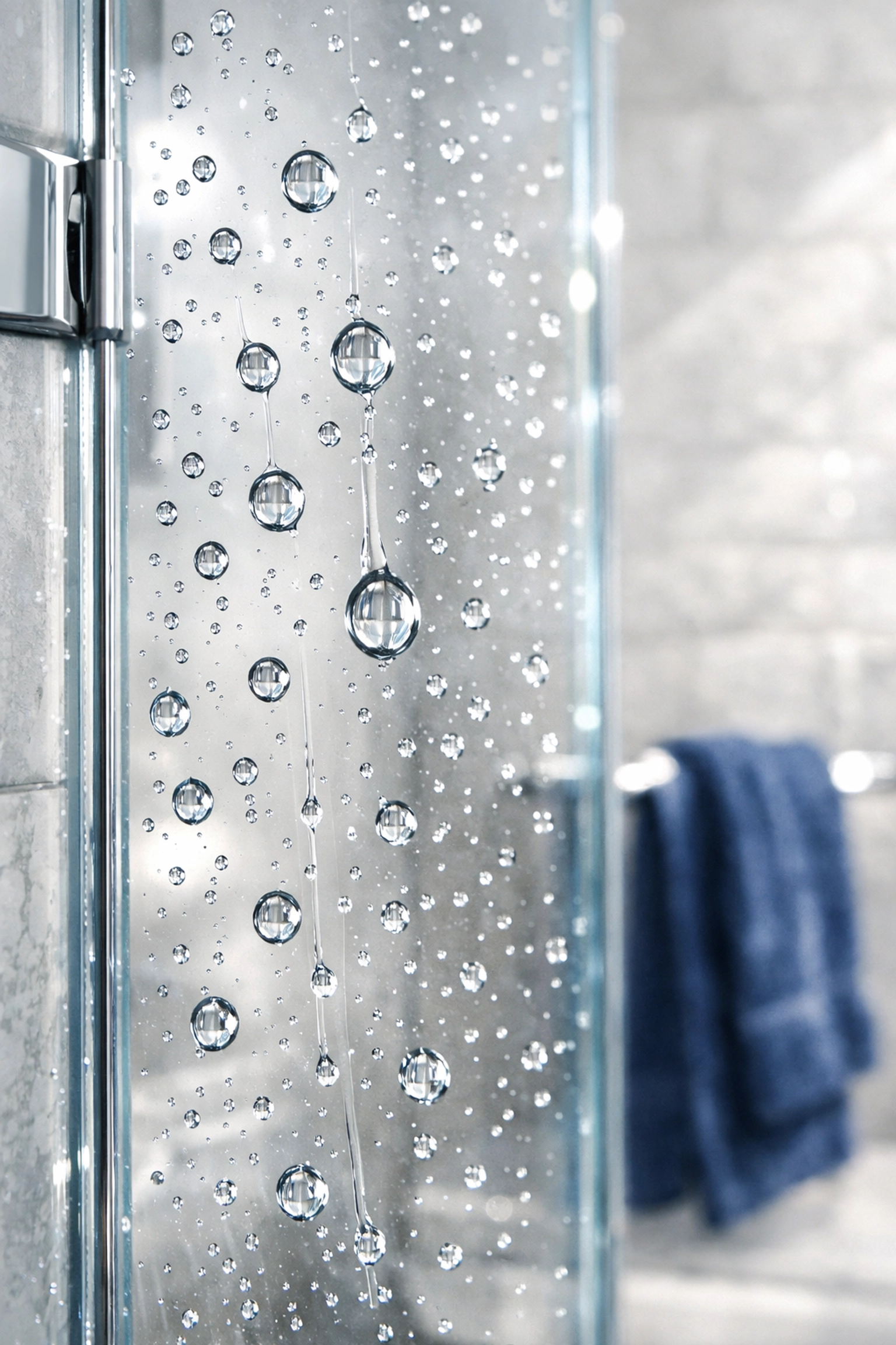 Water beading on a clear glass shower door after a protective soap scum prevention treatment.