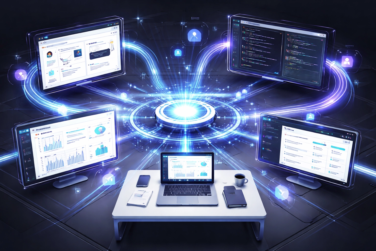Modern digital workspace highlighting seamless software integration and API connectivity for Web3 global payments.