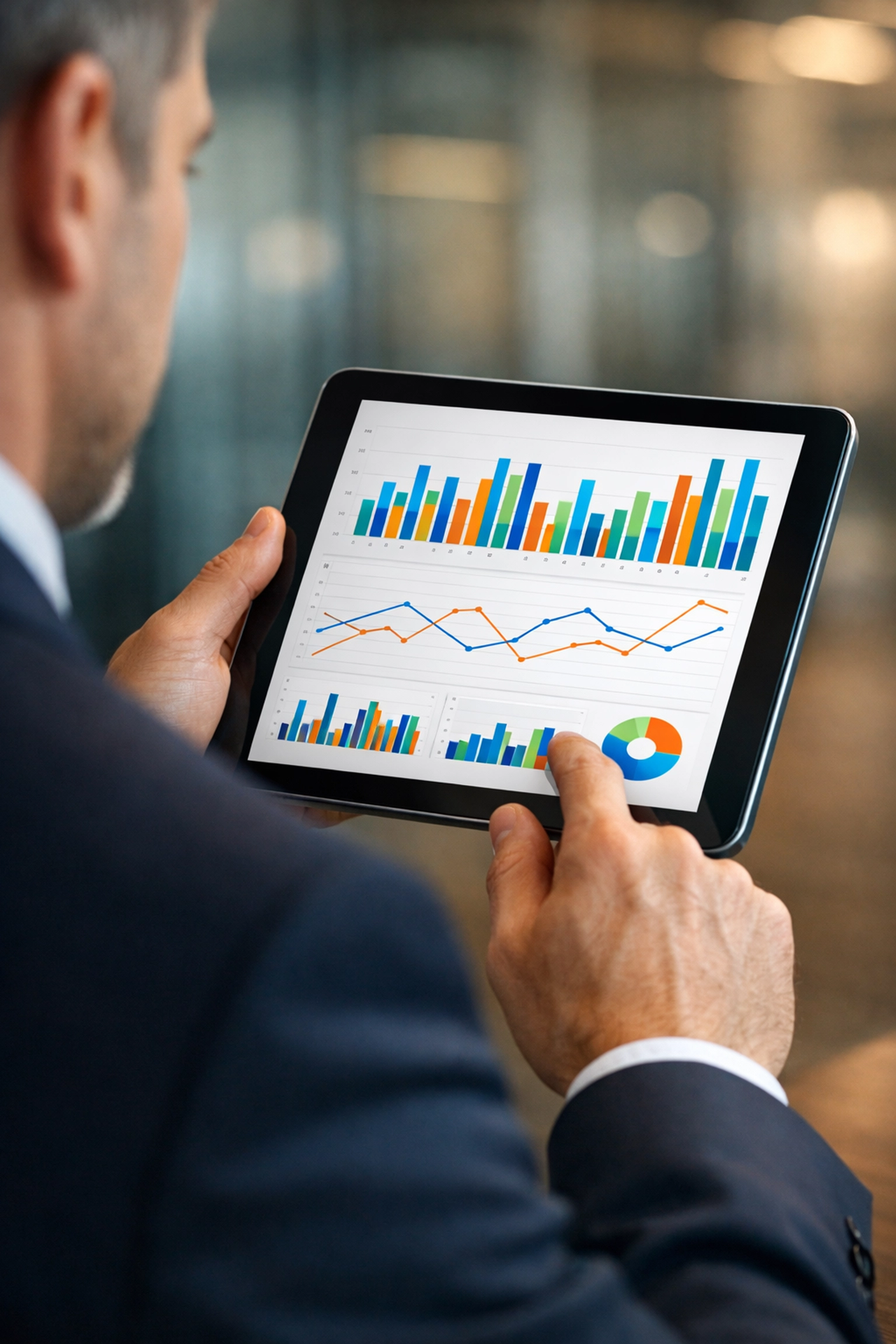 Executive reviewing data analytics dashboard for integrated sports marketing and media solutions.
