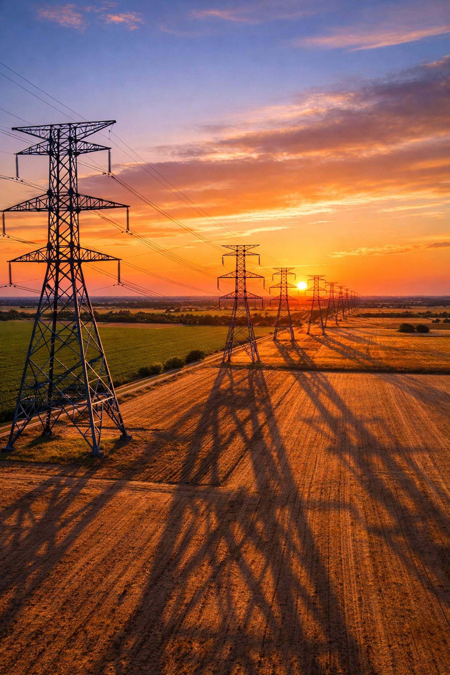 High-voltage electrical transmission towers crossing rural Texas farmland at sunset