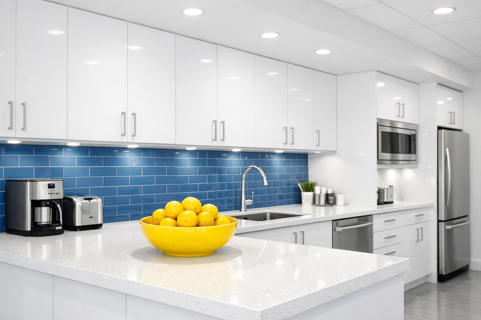 Modern office kitchenette with sparkling quartz countertops reflecting professional commercial cleaning care.