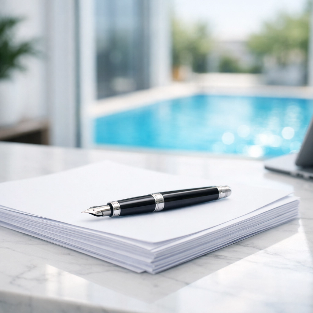Professional office setting with sales contracts, providing legal security for a pool route business exit.