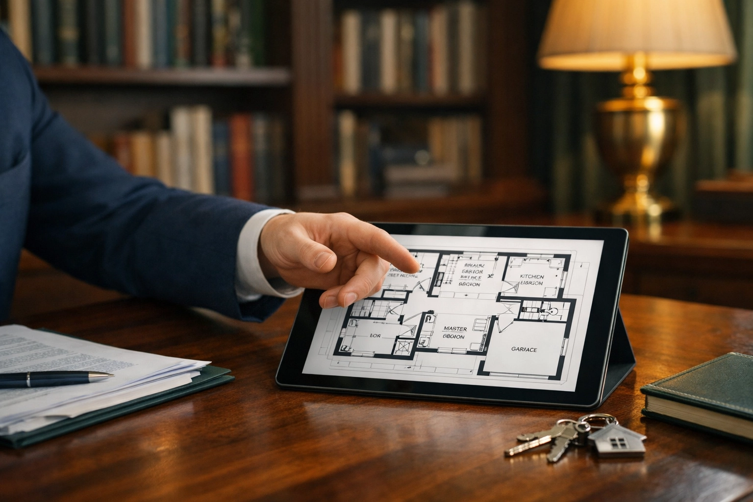 Strategic real estate consultation at BuyRealty.ca Brokerage reviewing North York condo floor plans on a digital tablet.