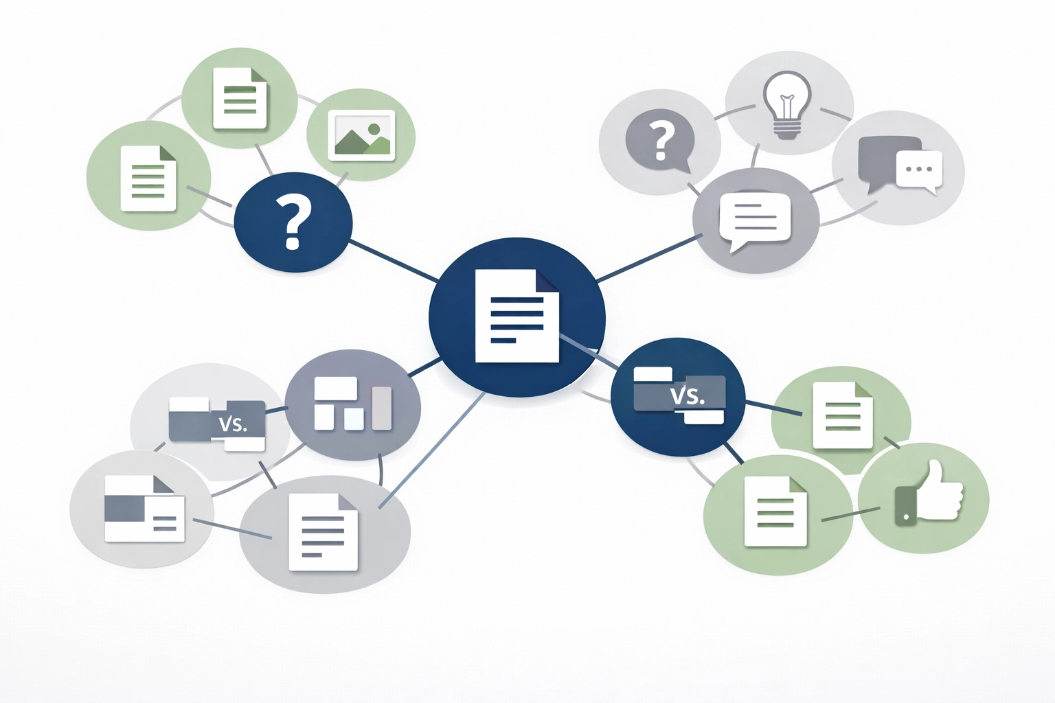 Interconnected content hub diagram showing decision-tree topic clusters for AI citations