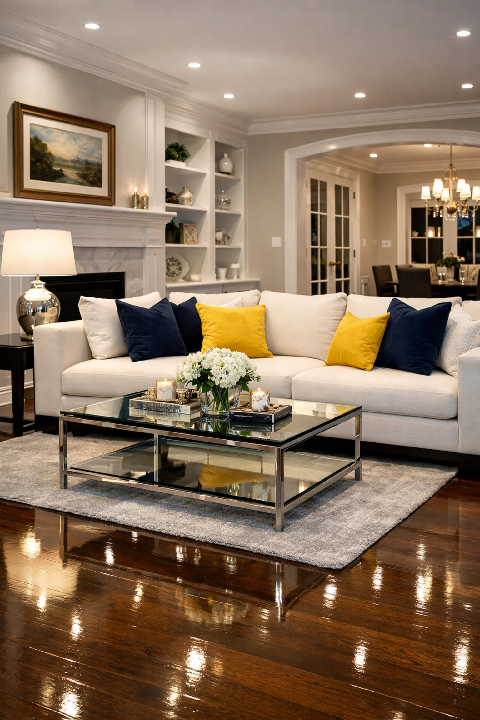 Professionally cleaned Shrewsbury living room featuring polished hardwood floors and bright, tidy decor.