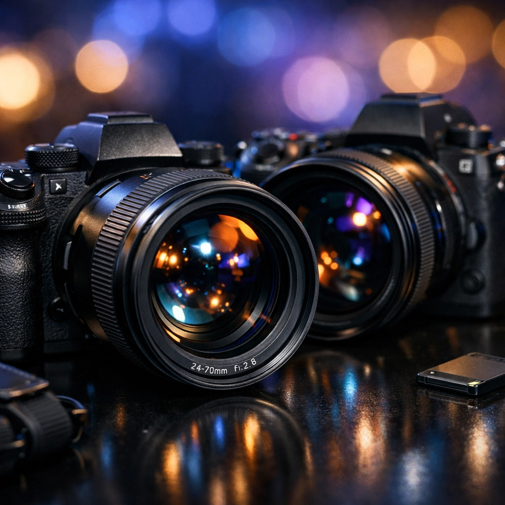 High-end cameras and lenses used by a corporate photography services team for low-light event coverage.