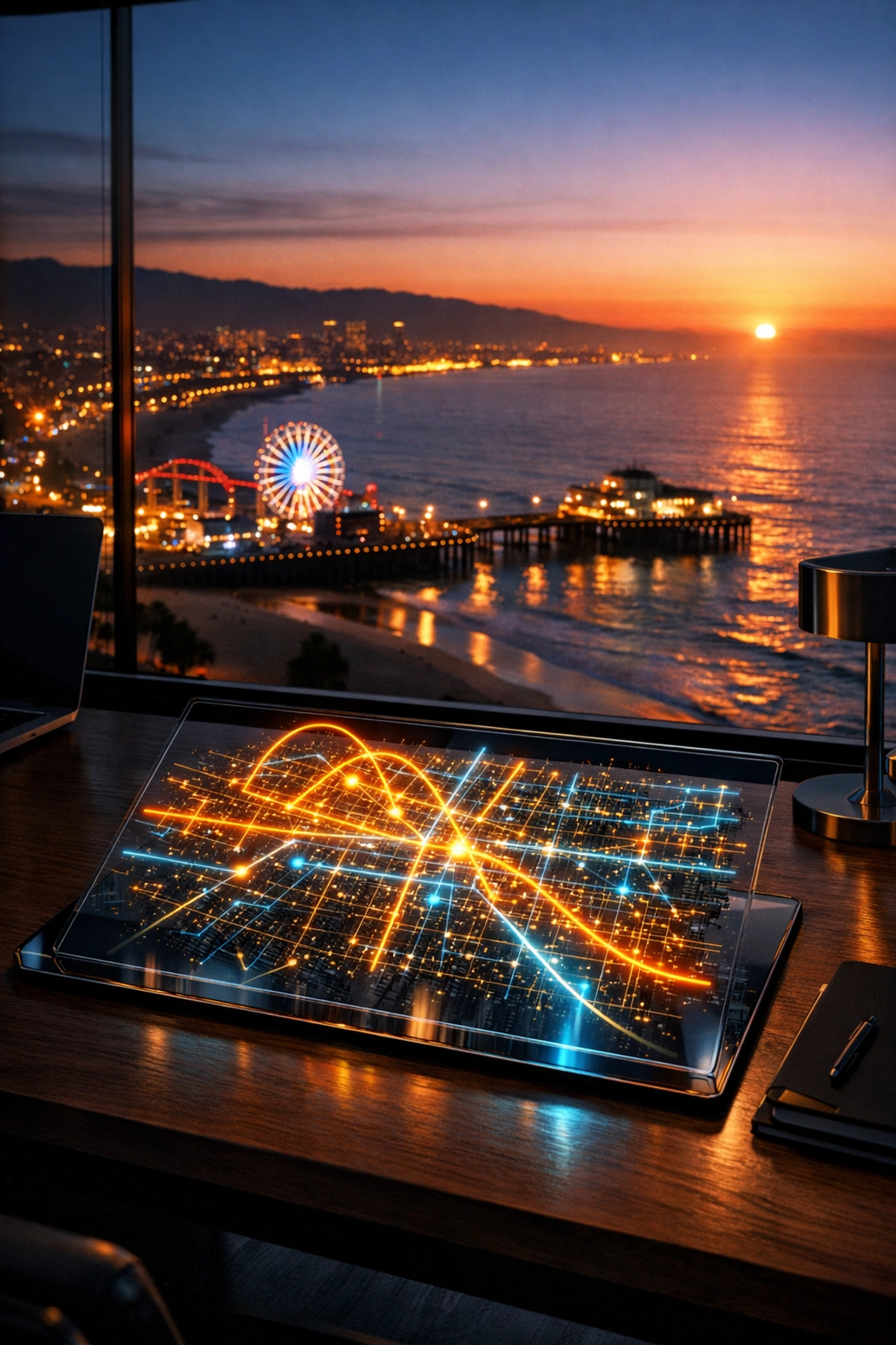 Digital logistics map on a tablet in an LA office, showing a strategic pivot for a successful California business.