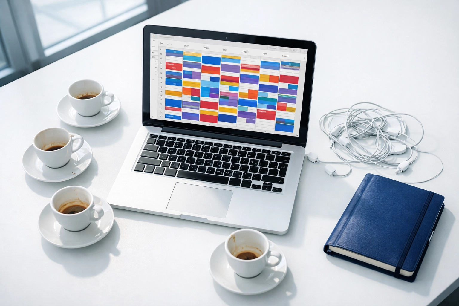 Busy office desk with a full digital calendar and espresso cups, showing back-to-back meeting stress.