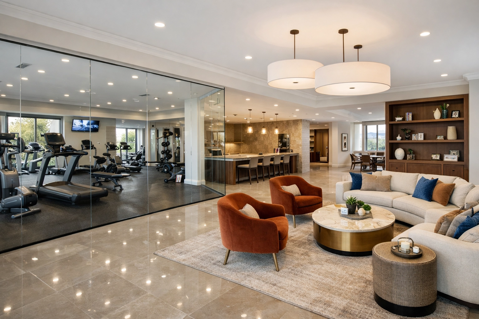 Modern apartment common areas including fitness center requiring regular maintenance