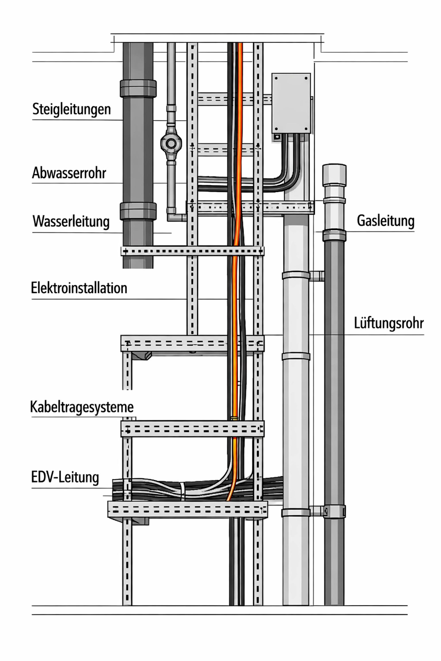 Technische Illustration von Steigleitungen und Kabeltragsystemen für die Elektroinstallation in Wien.