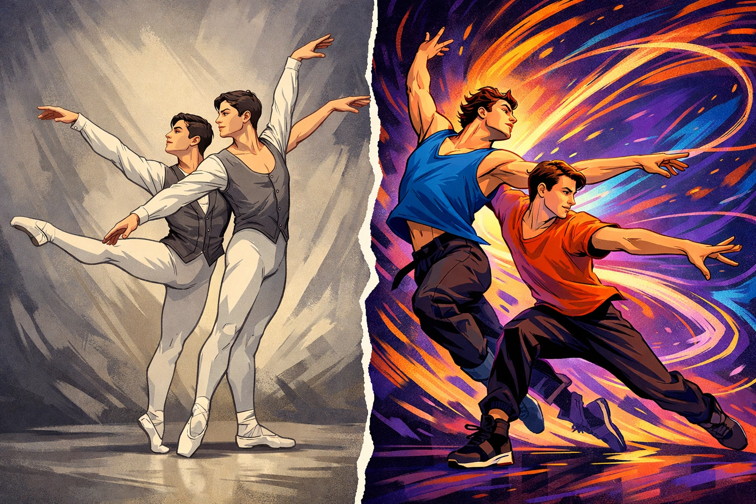 Male ballet dancers transitioning from classical to contemporary dance movement