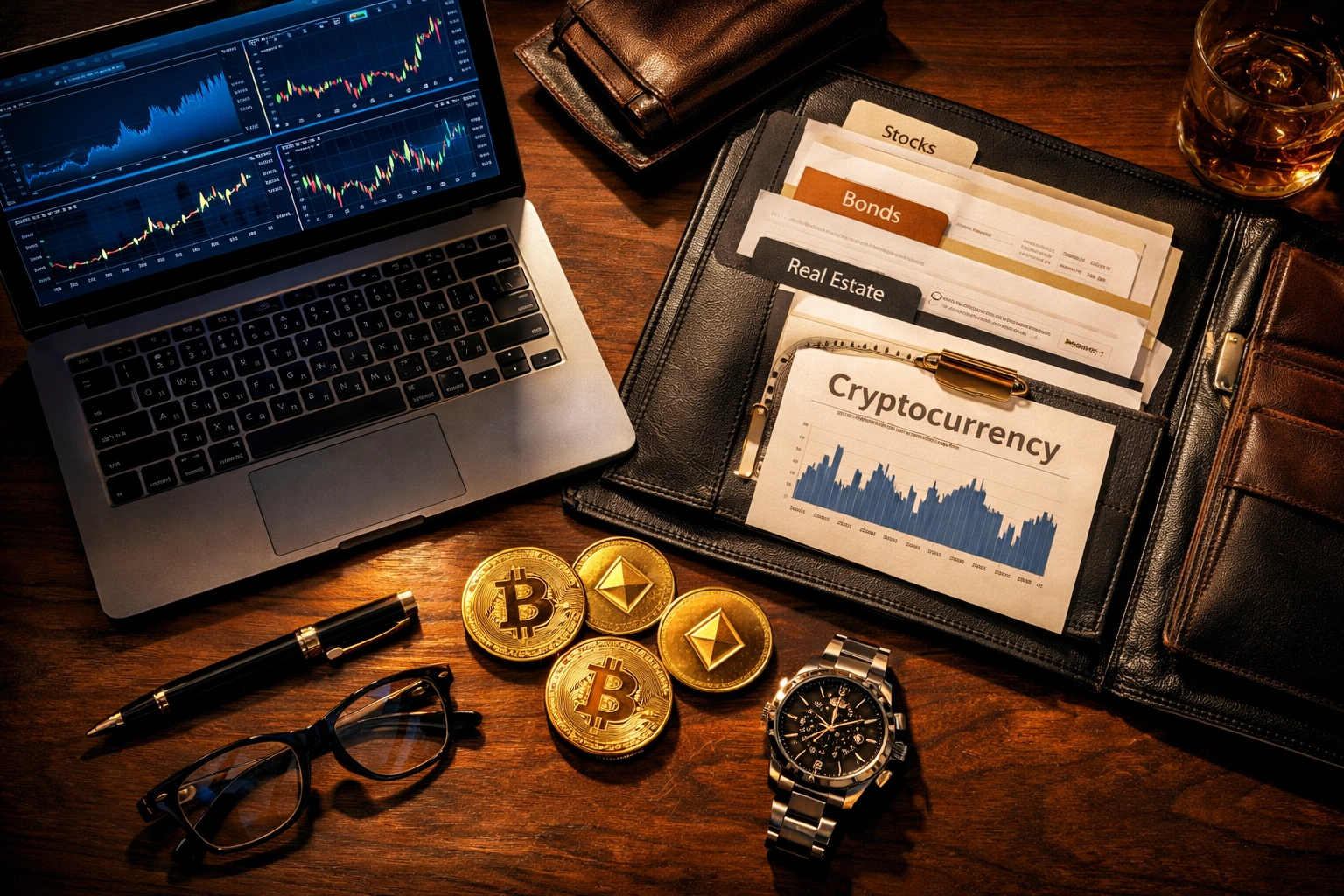 Executive desk with Bitcoin and Ethereum coins alongside financial charts and portfolio documents