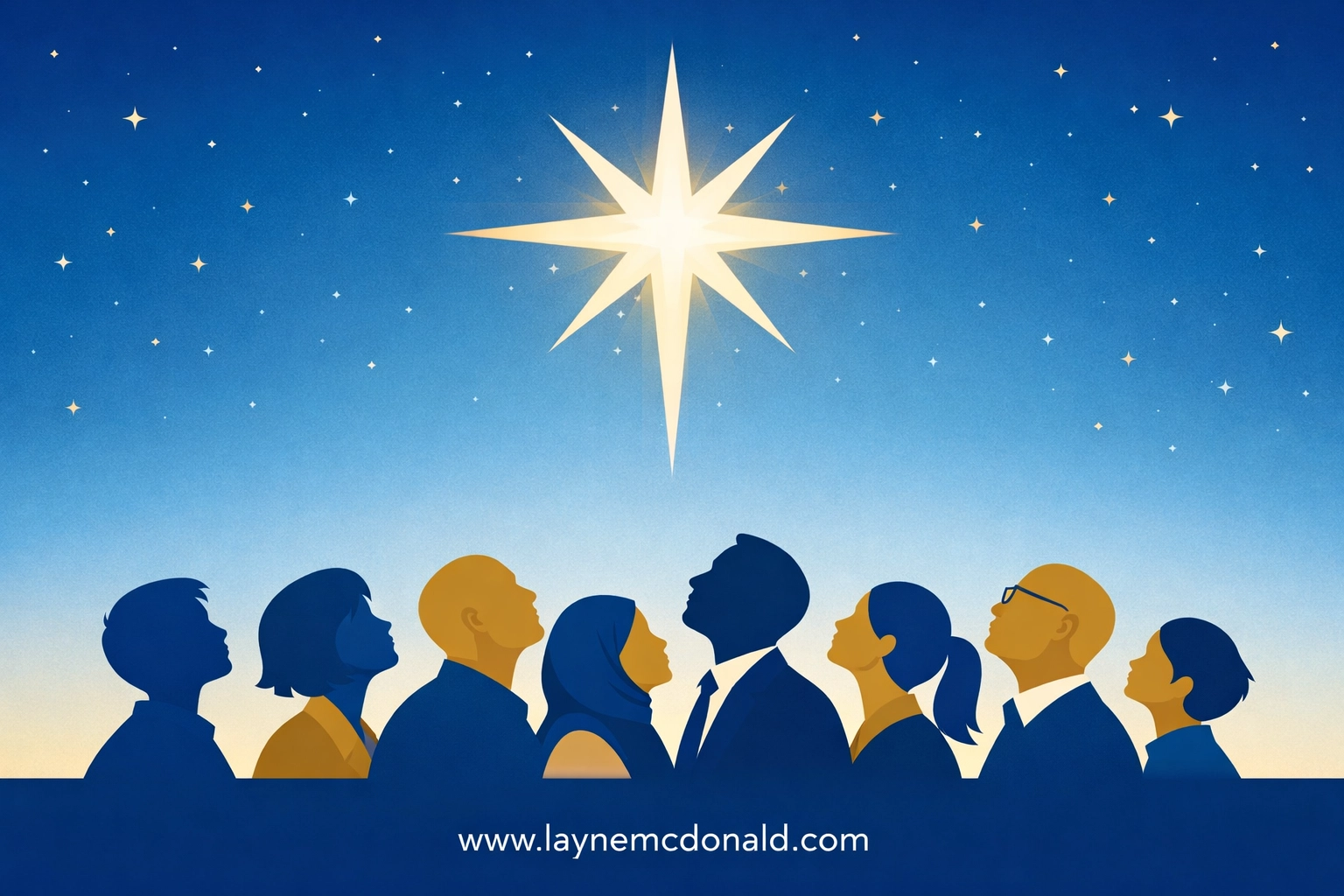 Diverse silhouettes looking up at a bright star, representing shared vision and Christian leadership community.