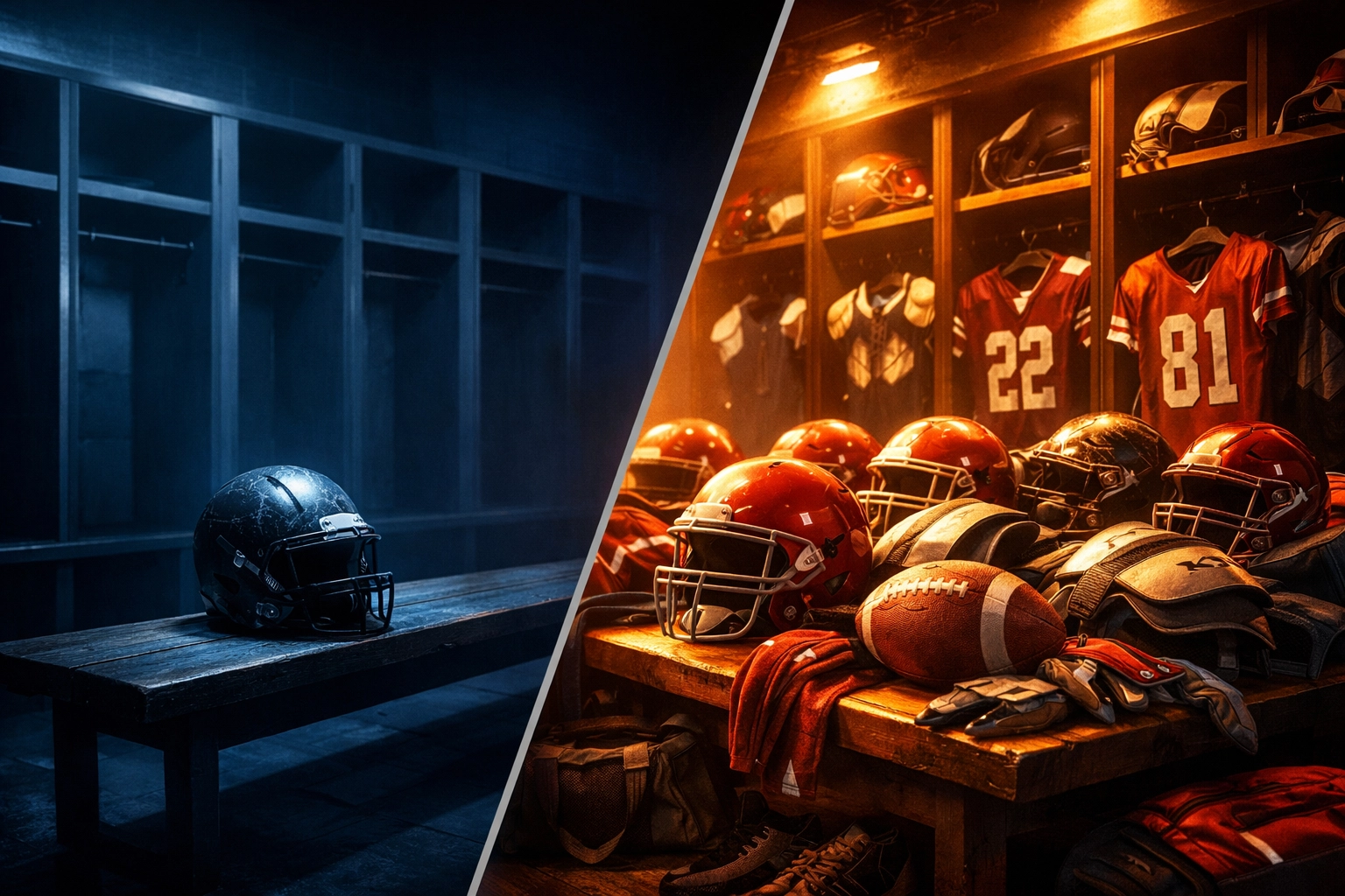 College football locker rooms contrasting roster depletion versus transfer portal reload strategy