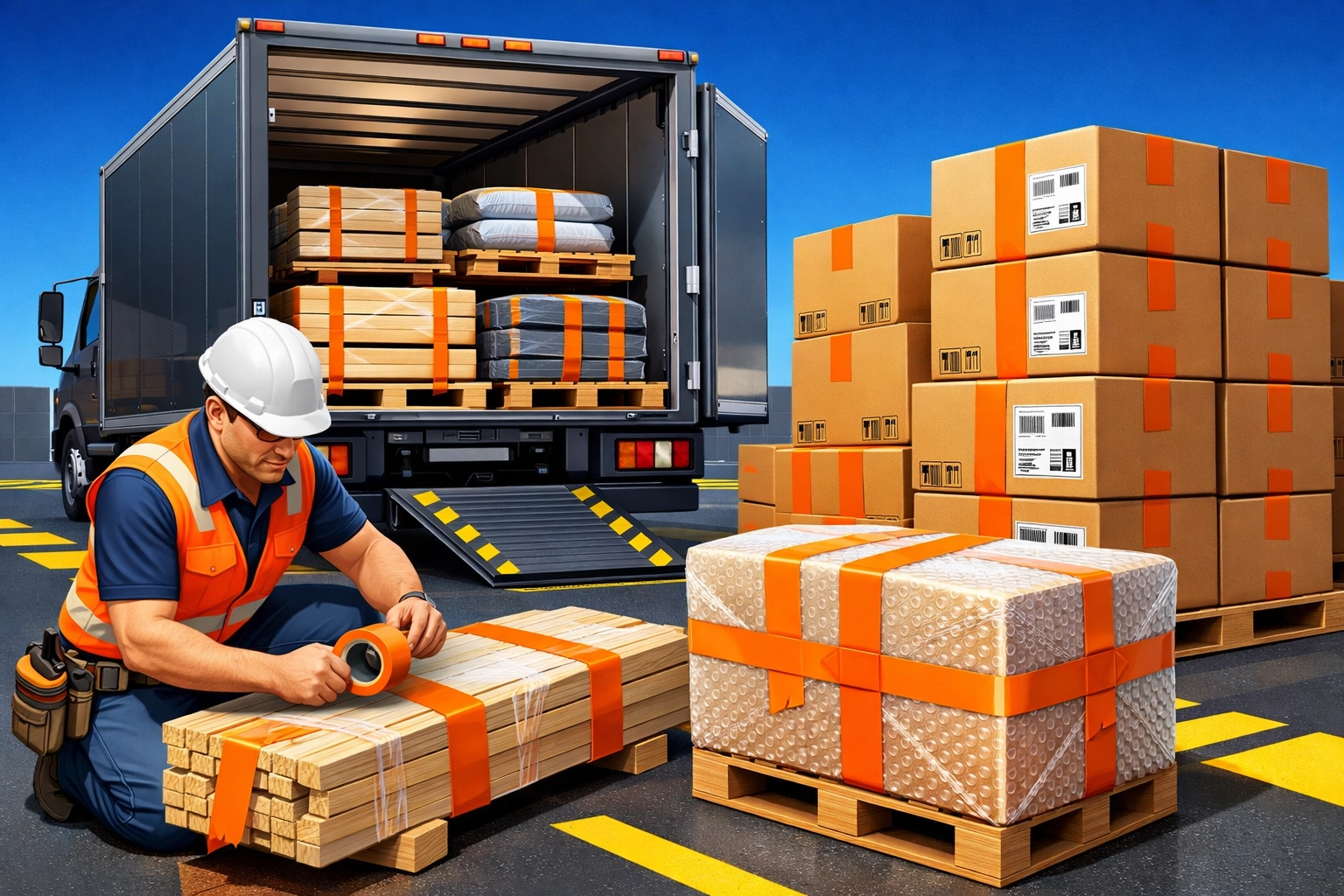 Contractor packaging construction materials for shipping to buyers with proper protection