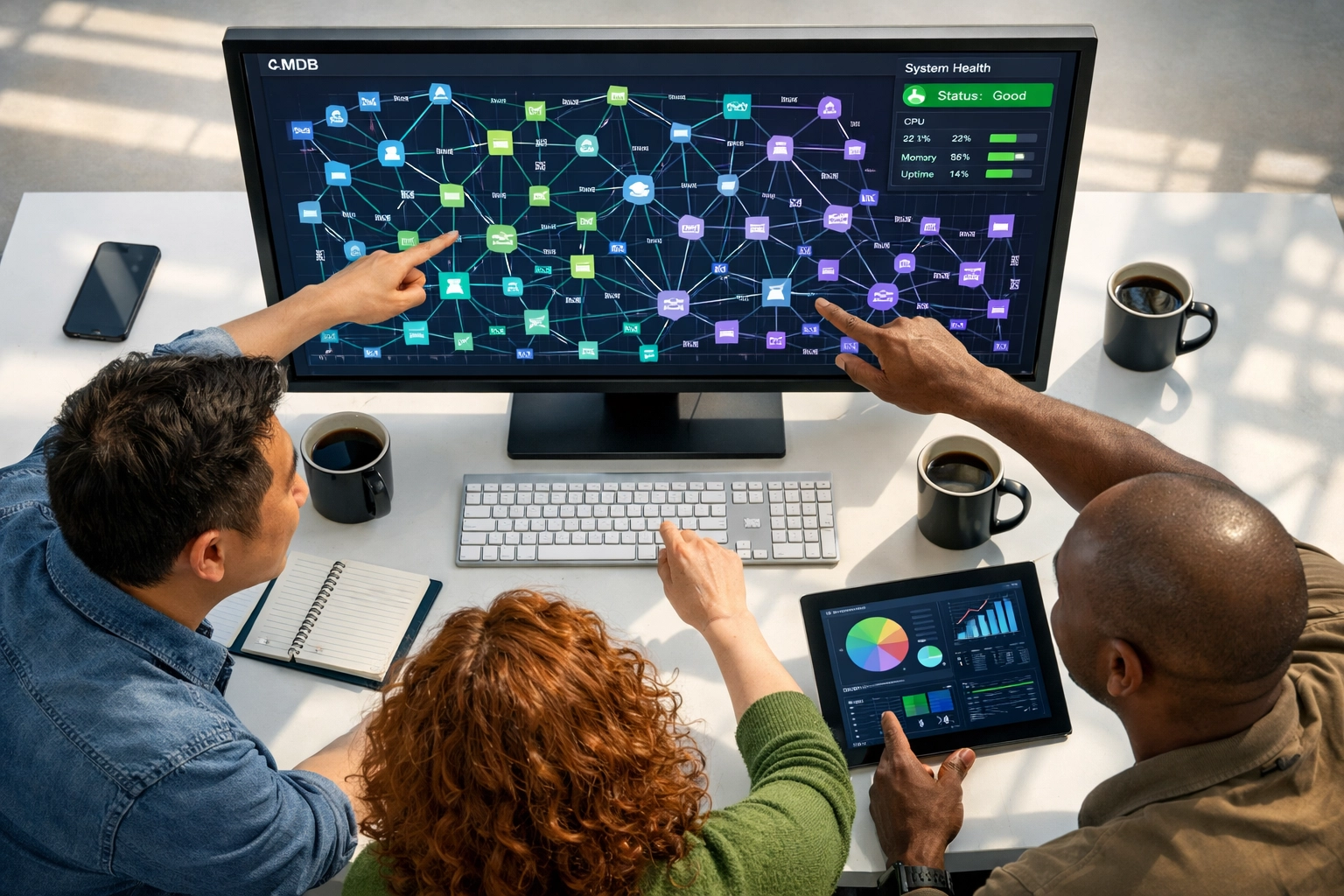 IT professionals reviewing CMDB health metrics and configuration data on ServiceNow platform