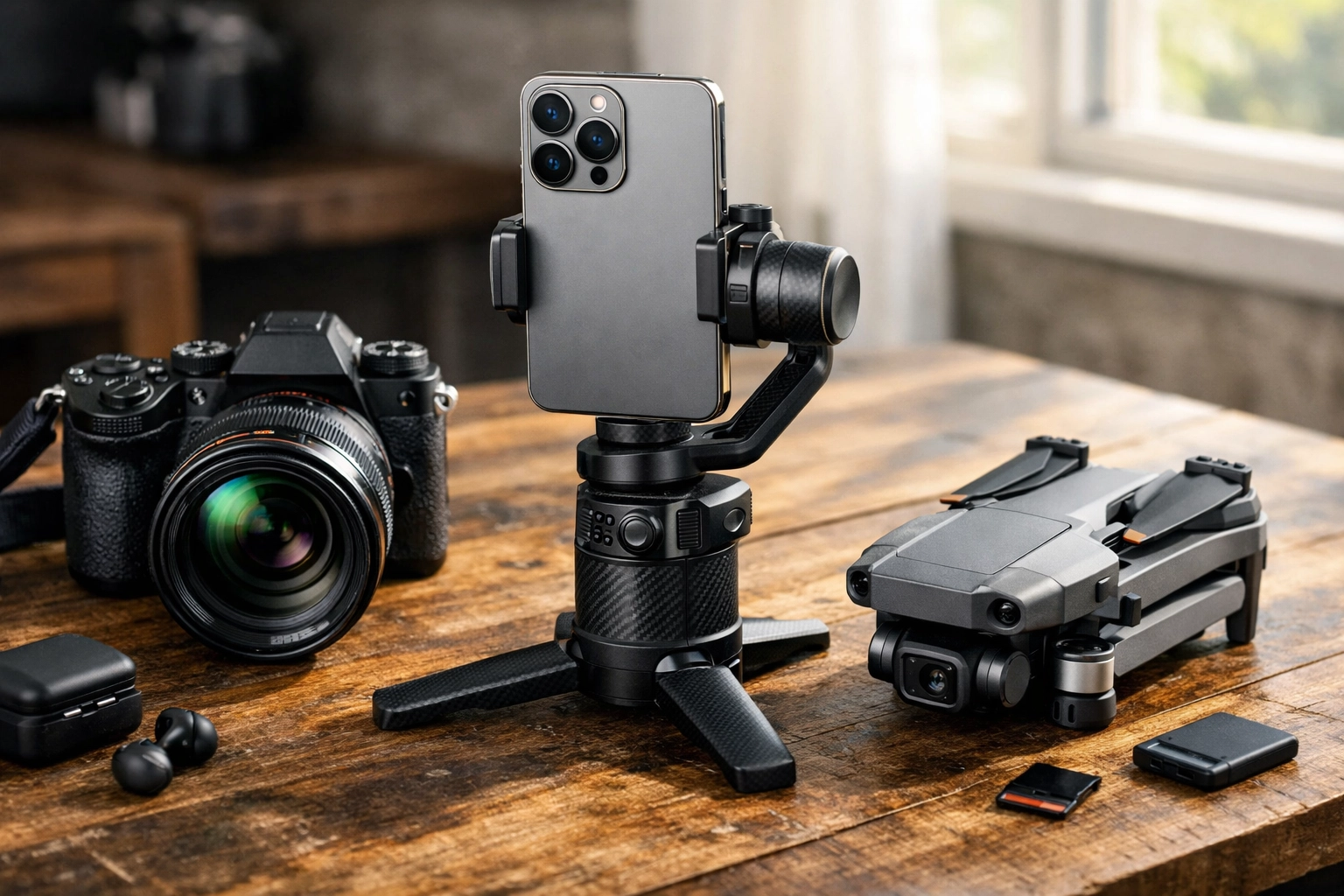 Essential photography gear for 2026 featuring a mirrorless camera, smartphone gimbal, and professional drone.