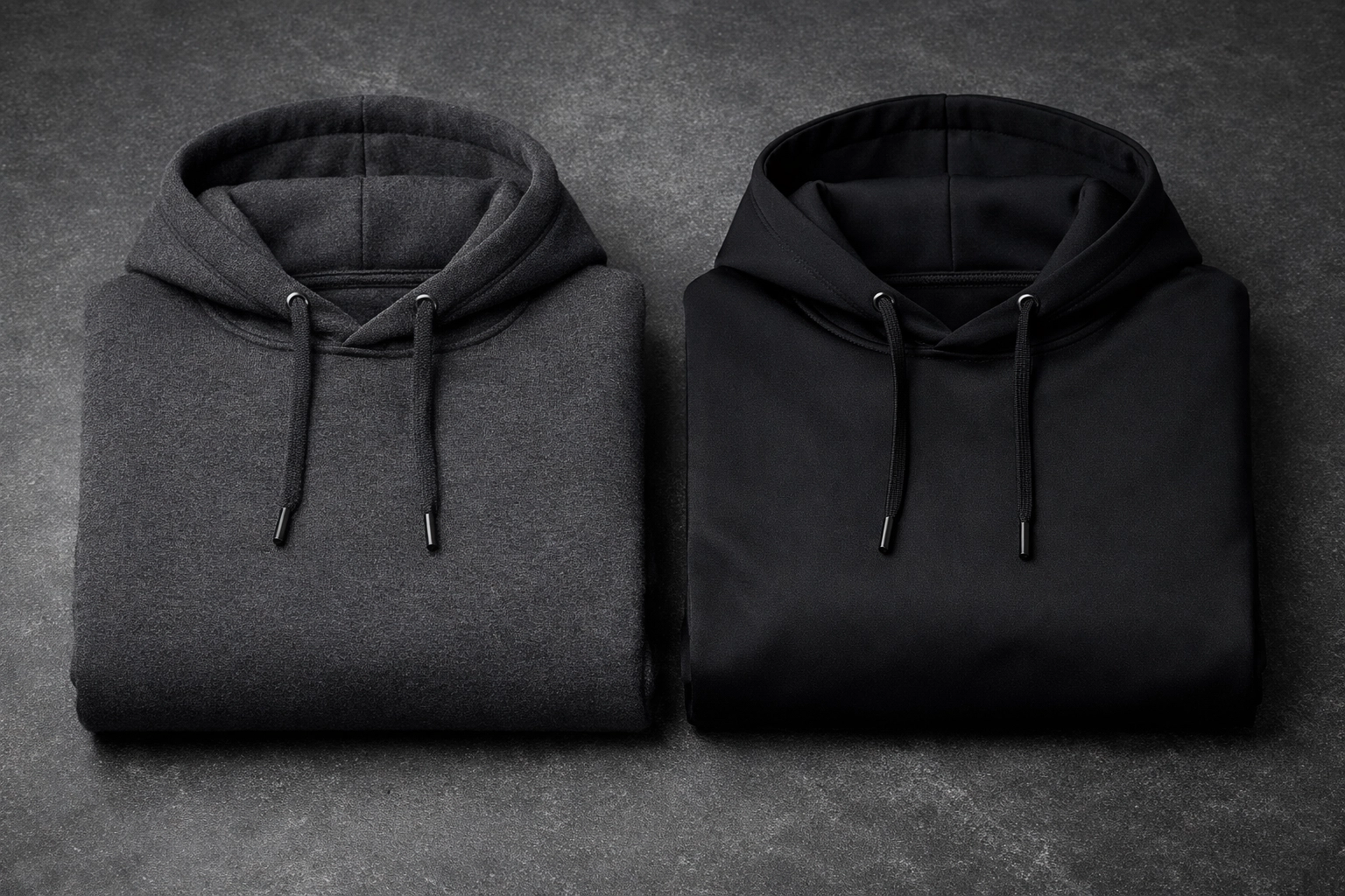 Comparison of charcoal fleece and black poly-spandex hoodie fabrics for durable custom streetwear designs.