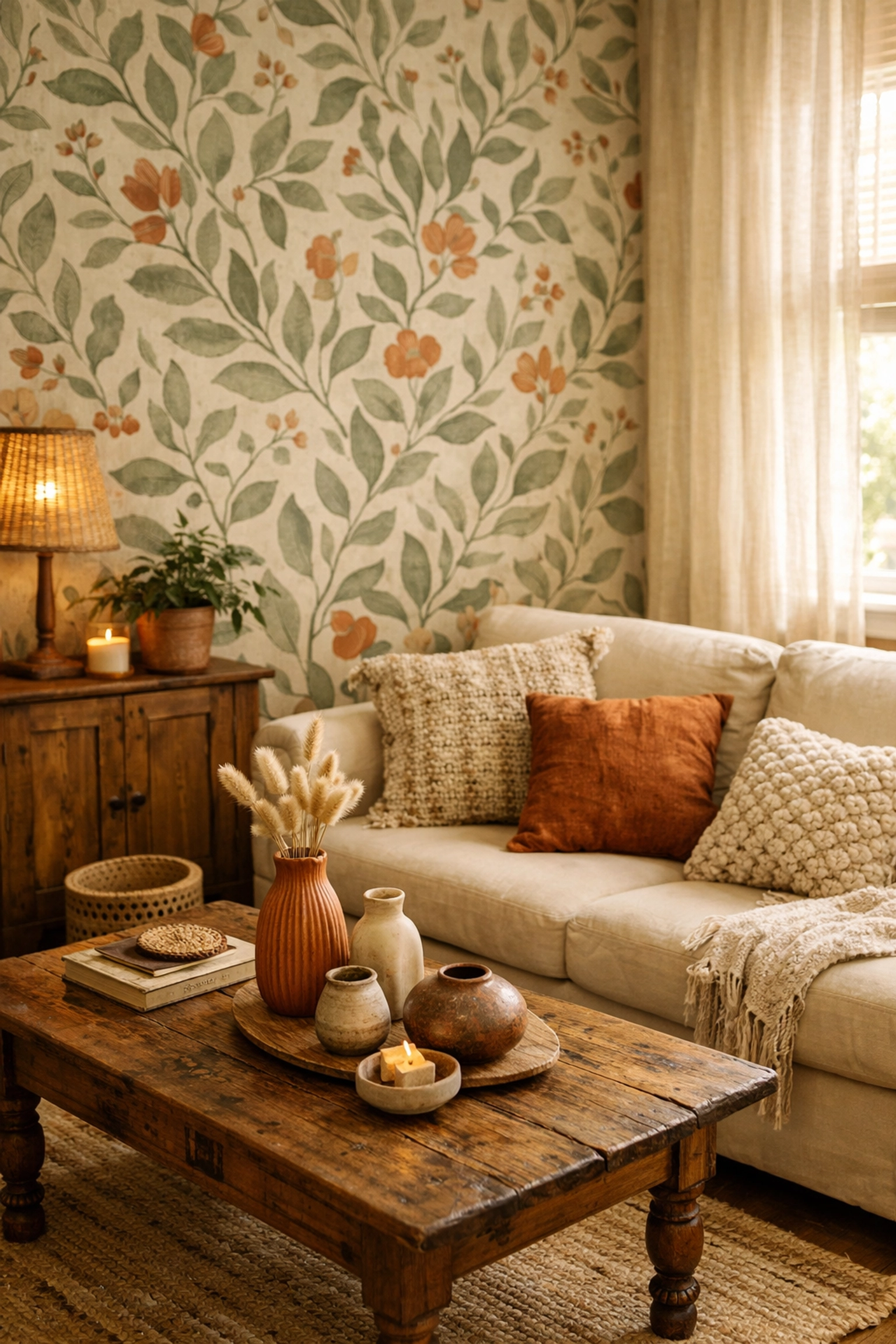 Rental apartment living room with removable botanical wallpaper and handcrafted decor