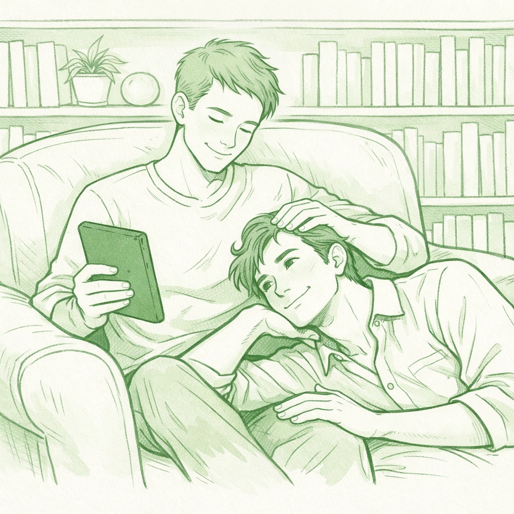 Two men relaxing together while reading an MM romance novel on an eReader in a cozy library setting.