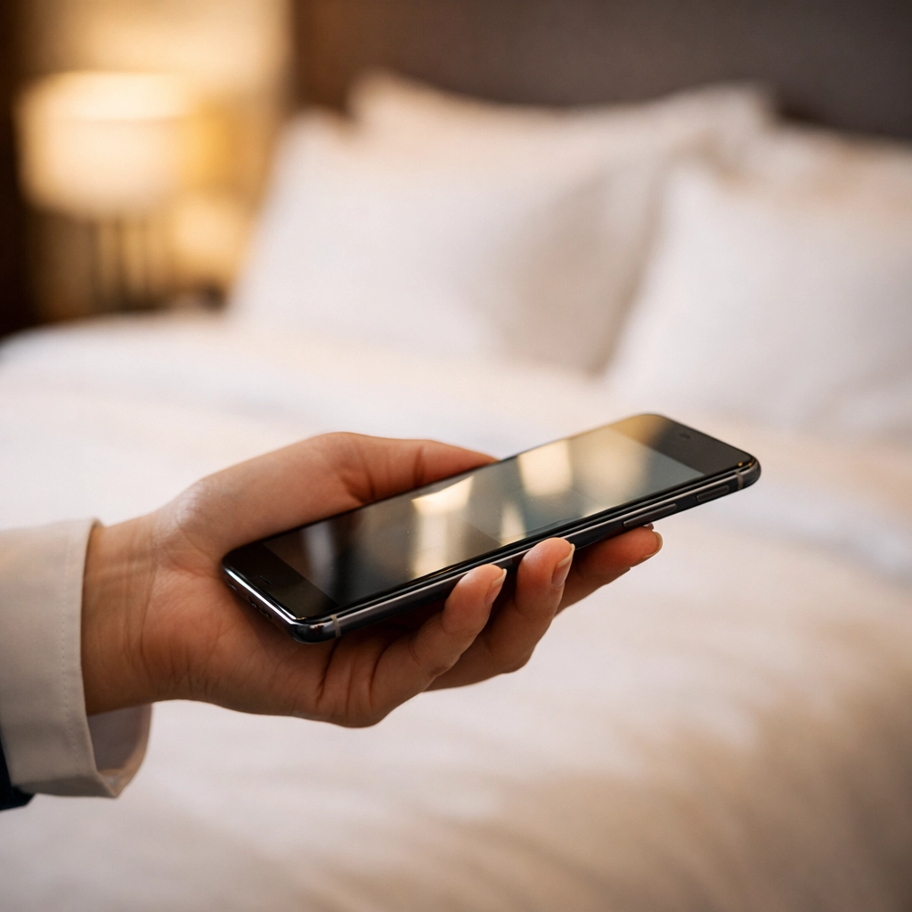 Housekeeper using a mobile device to sync room status with hotel management software.