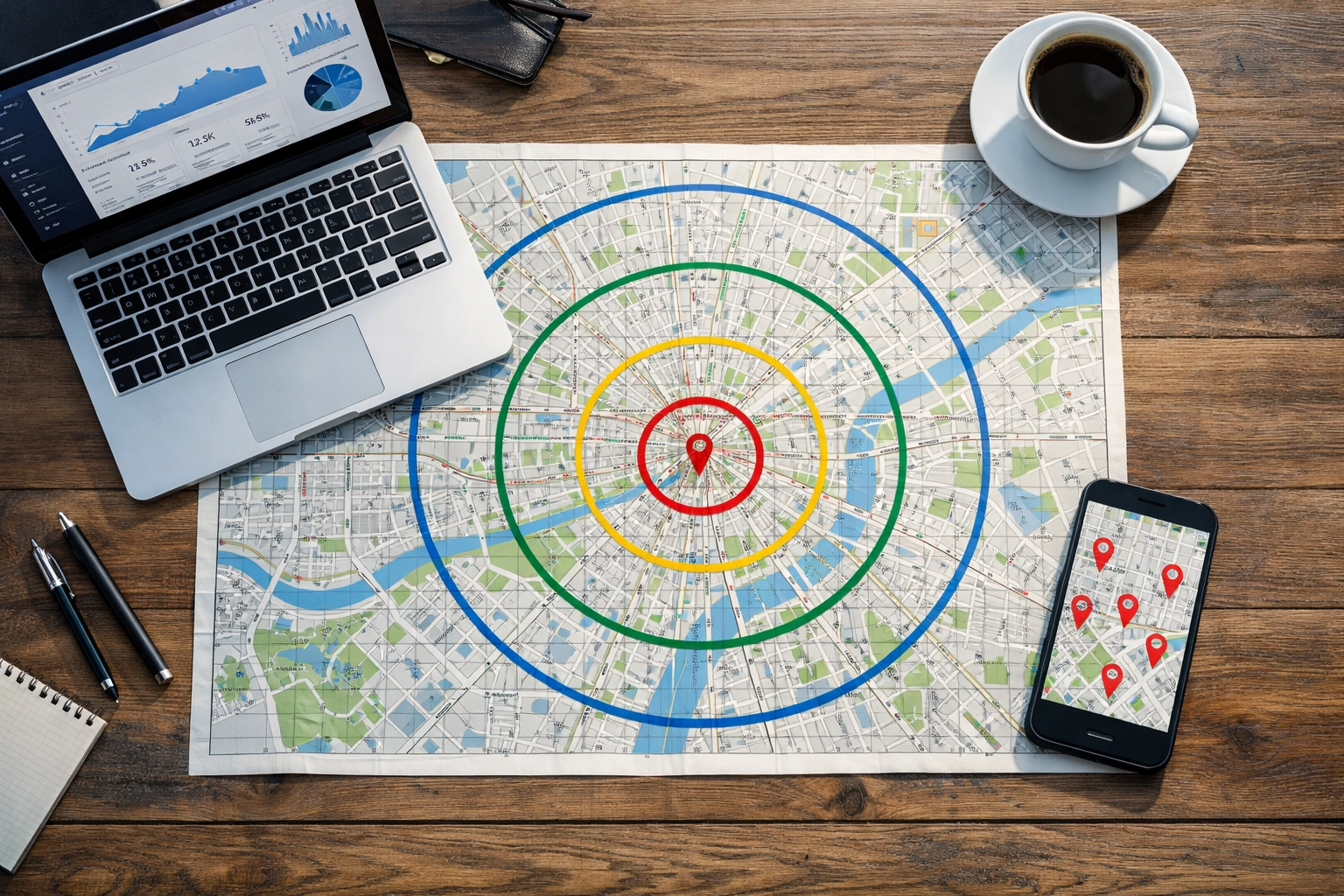 City map with radius circles showing local advertising targeting zones for venue-based campaigns