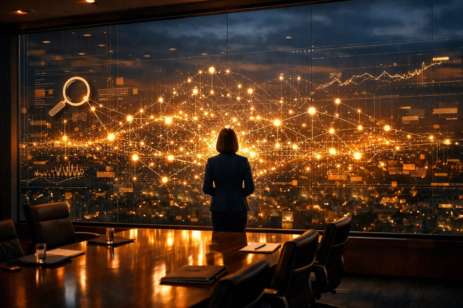 A Fractional CMO viewing a complex digital data network to define a strategic AI search space.